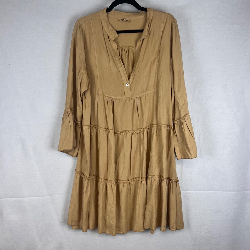 Meo Meli Womens Lyocell Tiered Babydoll Mini Dress Tan OS Made in Italy